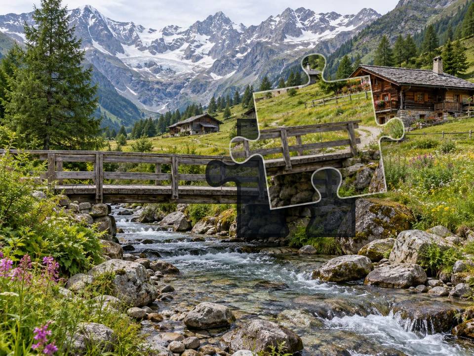 Wooden footbridge over an alpine creek beside wildflower meadows, timber chalets and rugged mountains.