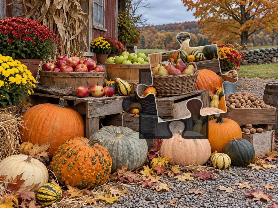 Rustic autumn farmstand with pumpkins, gourds, apples, pears, walnuts and fallen leaves.