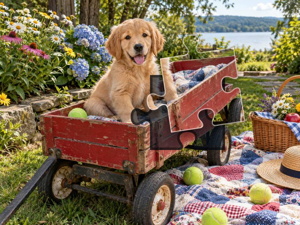 Golden retriever puppy sitting in a red garden wagon beside flowers, a picnic blanket and tennis balls.