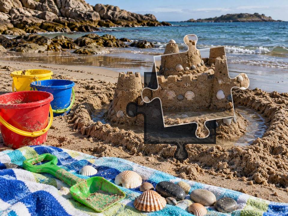 Sandcastle and moat beside colorful buckets, a spade, seashells and a beach towel.
