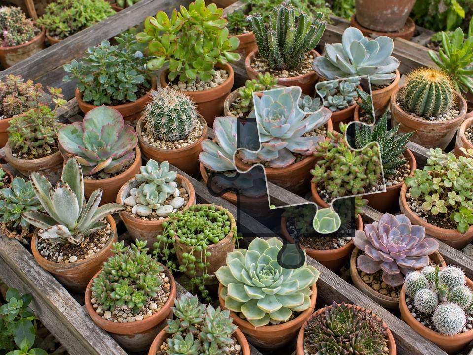 Nursery bench of small succulents and cacti in terracotta pots with gravel and wooden dividers.