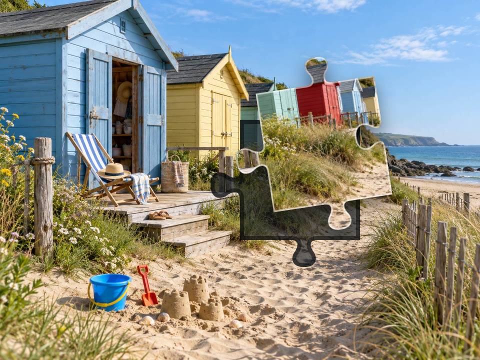 Colorful weathered beach huts beside sandy paths, dune grass, striped deckchairs and beach toys.