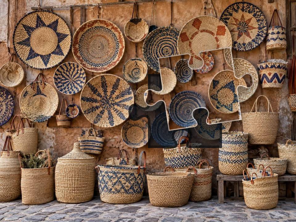 Wall of handmade woven baskets and trays with natural straw, indigo and rust-colored patterns.