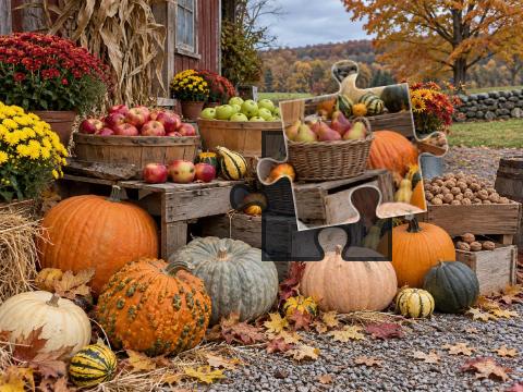 Rustic autumn farmstand with pumpkins, gourds, apples, pears, walnuts and fallen leaves.