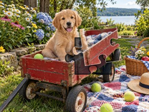Golden retriever puppy sitting in a red garden wagon beside flowers, a picnic blanket and tennis balls.