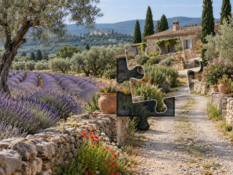 Gravel lane between lavender rows and olive trees leading to a rustic stone farm.