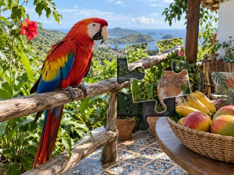 Scarlet macaw perched on a leafy veranda beside a fruit basket and clay pots.