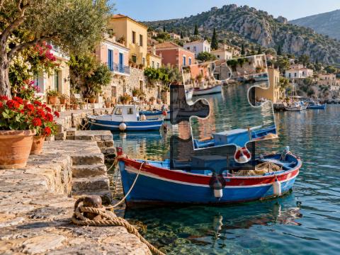 Colorful fishing boats beside stone steps and pastel harbor houses with flower-filled pots.