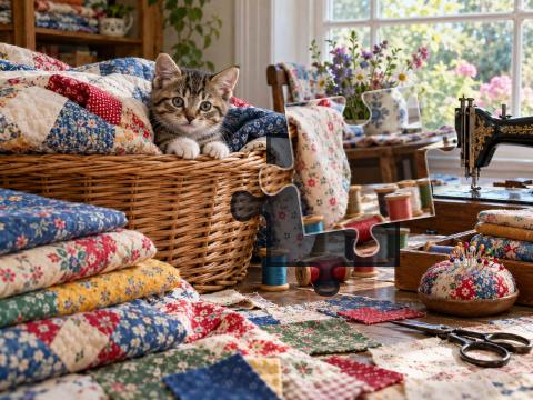 Tabby kitten peeking from a wicker basket surrounded by colorful quilts, fabric and thread spools.