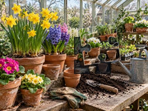 Spring greenhouse bench with potted daffodils, hyacinths, primroses, seedlings and gardening tools.