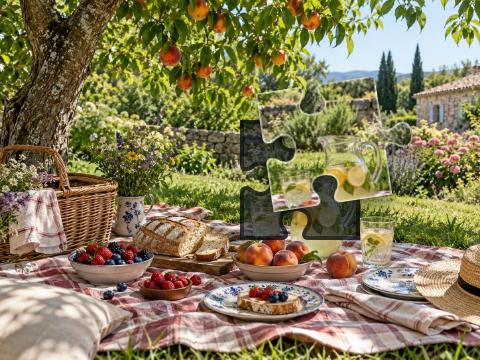 Summer garden picnic with a checked blanket, wicker basket, fruit, bread and a glass jug of lemonade.