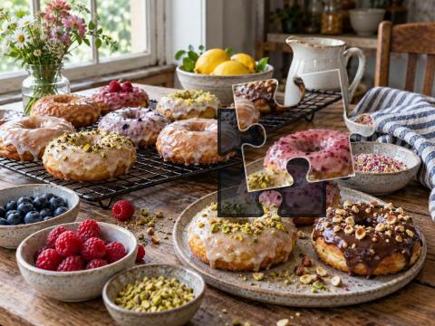 Handmade glazed doughnuts with berries, sprinkles, a striped cloth and a ceramic milk jug.